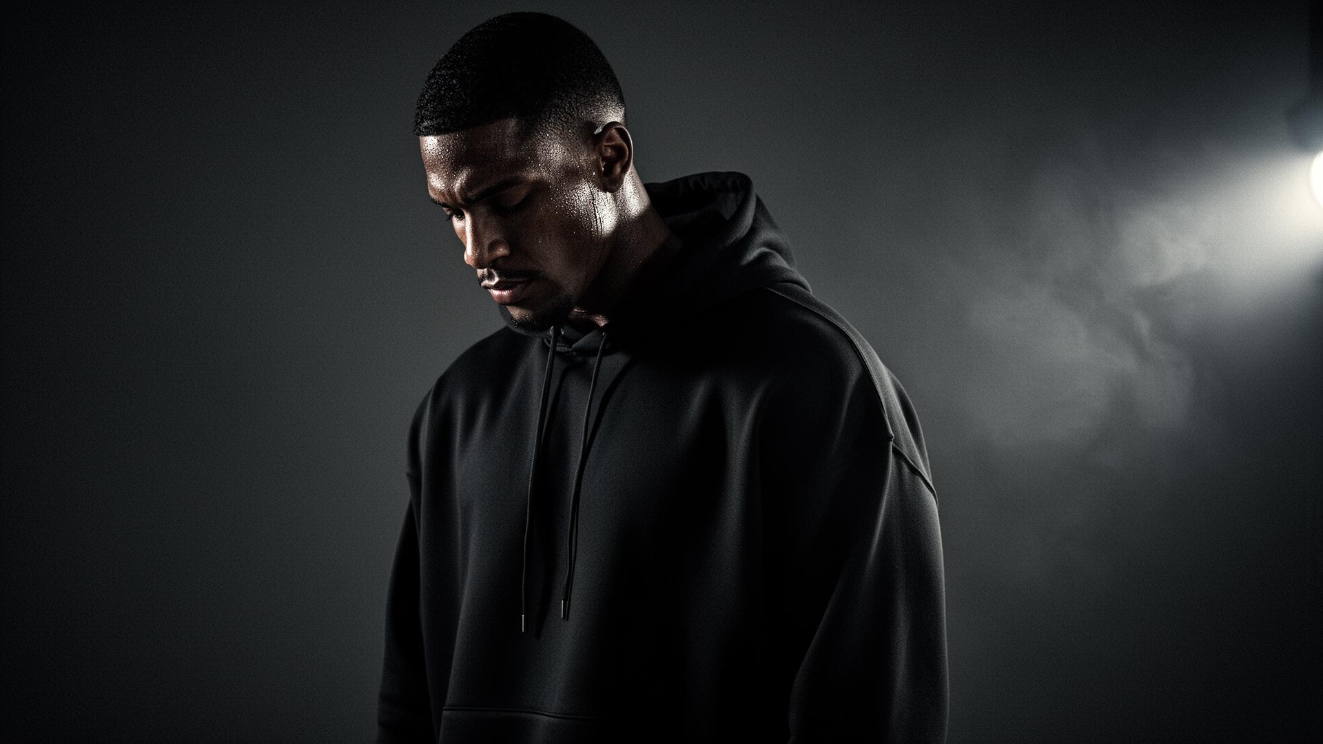 Athlete in oversized black LIQUID hoodie under cinematic lighting