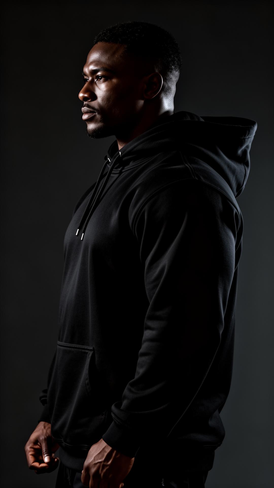 Athlete in profile under dramatic light, wearing LIQUID gymwear